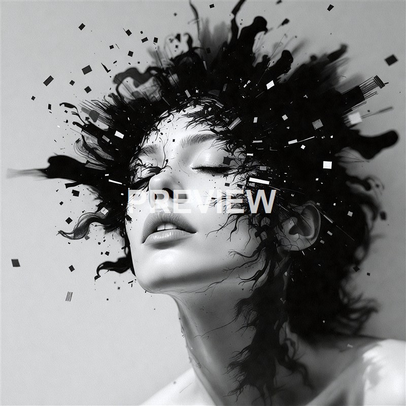 A black-and-white digital artwork of a woman with closed eyes and flowing hair, with abstract splashes and geometric shapes emanating from her head.